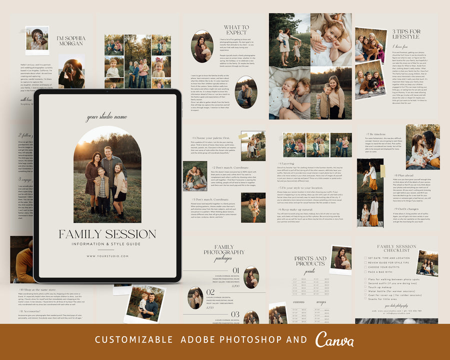 Photographer Welcome Guide Template, Family Session Style guide, Canva Photoshop Magazine Template, Family Marketing Brochure, Client Checklist - MG059