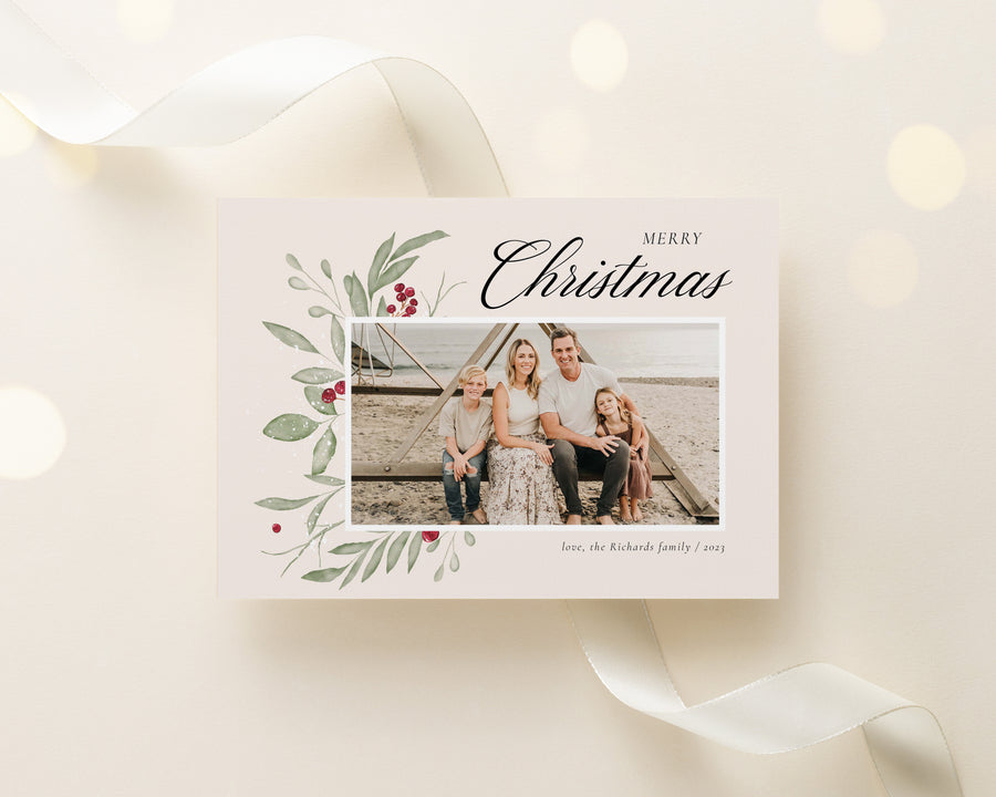 Printable Christmas Photo Card, Holiday Photo Card, Christmas Card Template, Watercolor Holiday Card Template, Photoshop and Canva Template - CD478