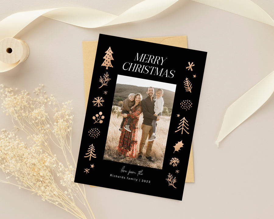 Merry Christmas Card Template, Printable Christmas Photo Card, Gold Merry Christmas Canva Template, Family Postcard, Photoshop Holiday Card - CD469