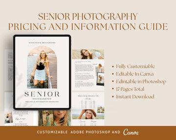 CANVA Senior Photography style Guide magazine Template, Graduation Photography Welcome Guide Template, Photoshop price list CANVA template MG052