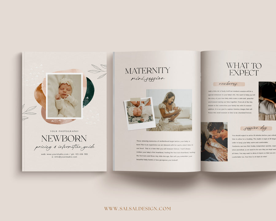 CANVA Newborn Photography style Guide magazine Template, Pre-written Newborn Welcome Guide Template, PSD Photoshop price list CANVA template - MG068