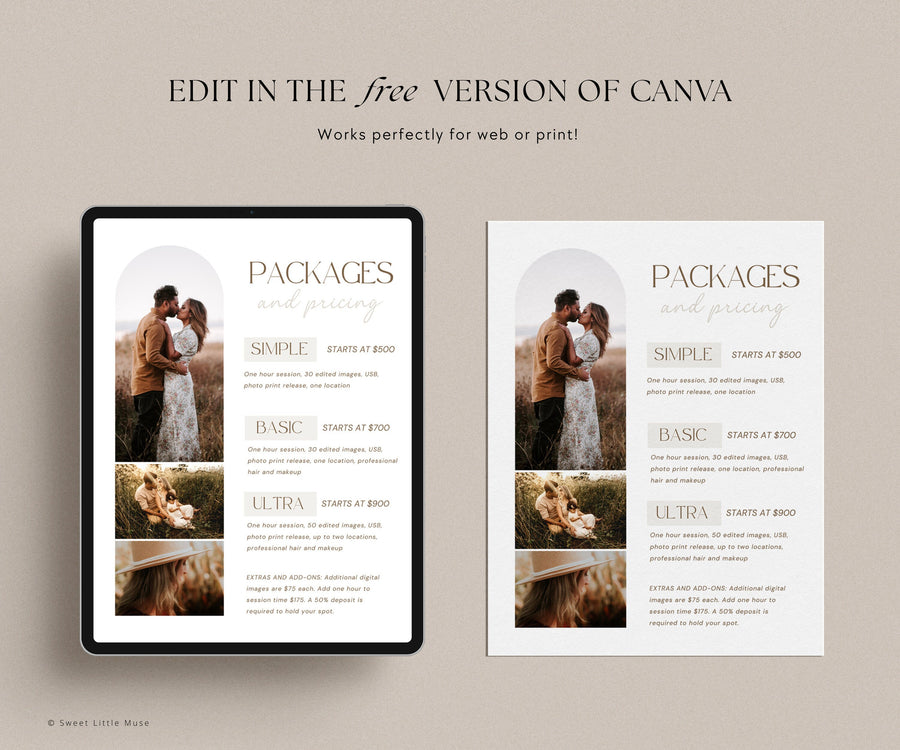 One Page Photography Pricing Guide Template for Canva - SLM58