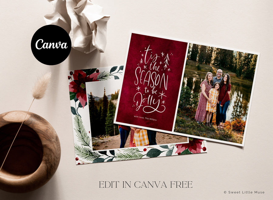 Burgundy Christmas Card Template for Canva - SLM03