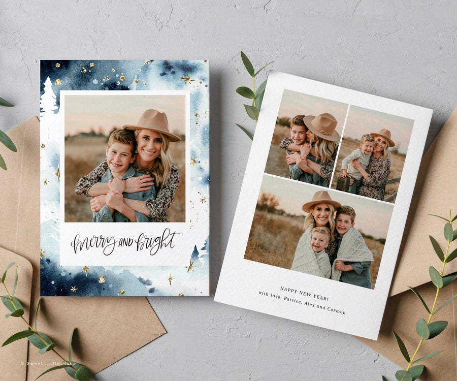 Blue Watercolor Christmas Card Template for Canva - SLM02