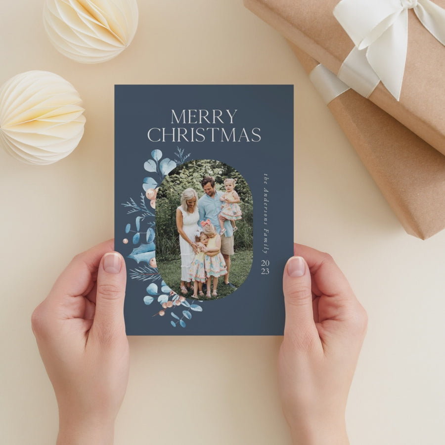 2023 Blue Watercolor Christmas Photo Card Template - CD483