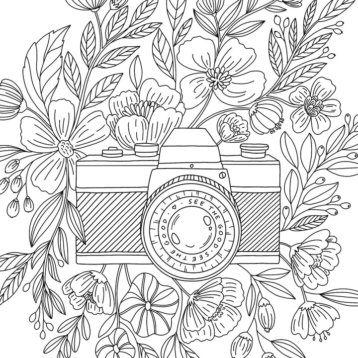 Floral Camera Coloring Page - Free Printable