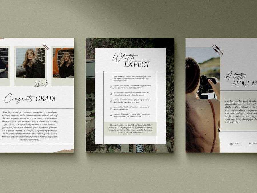 CANVA Senior Photography style Guide magazine Template, Graduation Photography Welcome Guide Template, Photoshop price list CANVA template - MG058