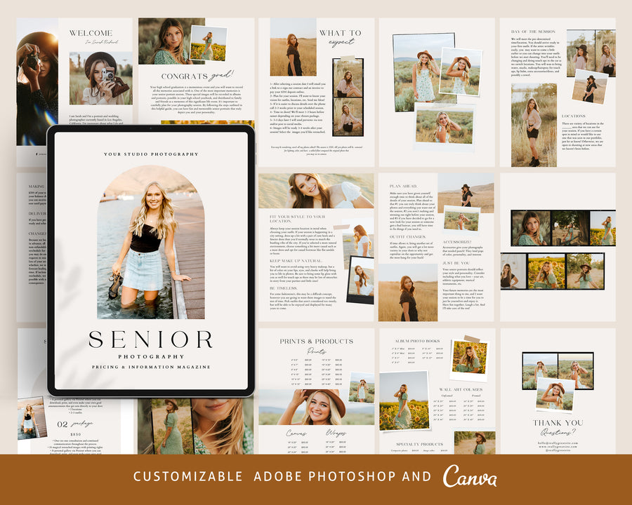 CANVA Senior Photography style Guide magazine Template, Graduation Photography Welcome Guide Template, Photoshop price list CANVA template MG052