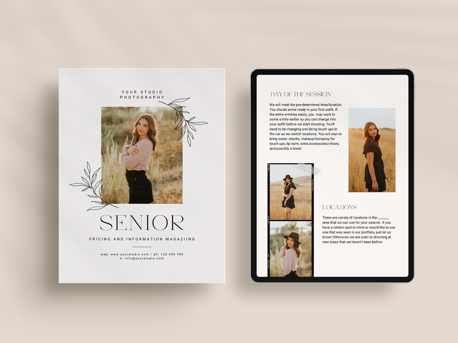 CANVA Senior Photography style Guide magazine Template, Graduation Photography Welcome Guide Template, Photoshop price list CANVA template - MG055