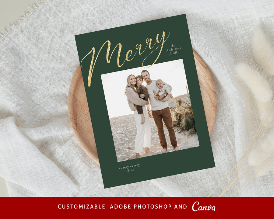 Gold Foil Holiday Card Template, Modern Christmas Card Template, Editable Canva Template, 5x7 Christmas Card, Printable Photoshop Photo Card - CD466