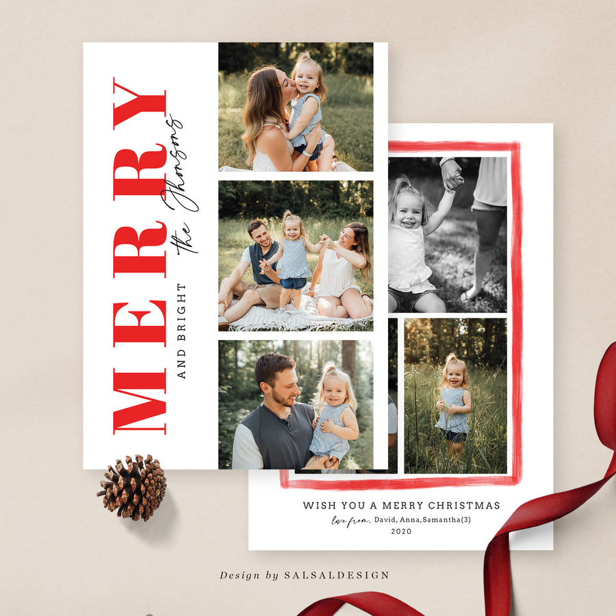 Christmas Card Photoshop Template, Holiday Card Canva Template, Christmas Family Card, Christmas Photo Card - Brush Merry - CD196