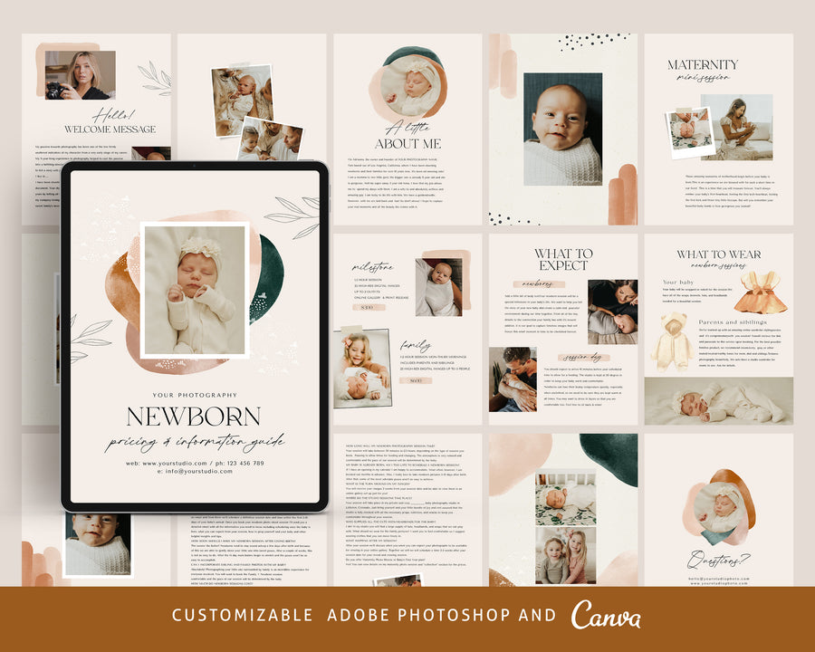CANVA Newborn Photography style Guide magazine Template, Pre-written Newborn Welcome Guide Template, PSD Photoshop price list CANVA template - MG068