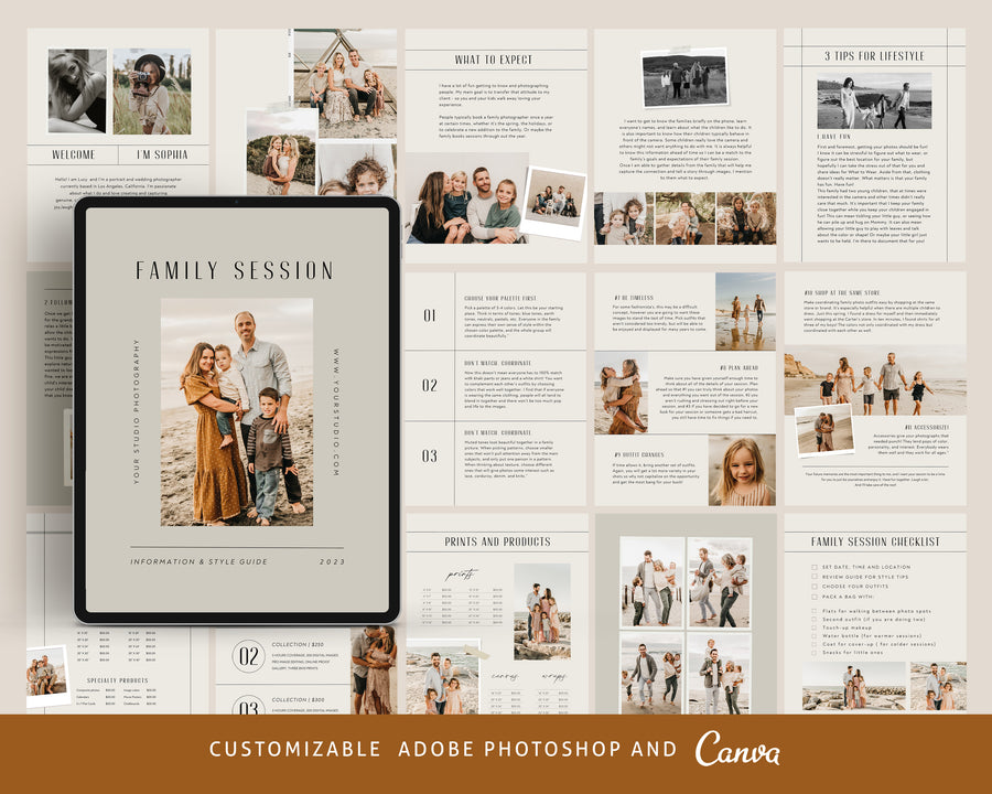 CANVA Family Photography style Guide magazine Template, Pre-written Family Session Welcome Guide Template, Photoshop price list CANVA template - MG070