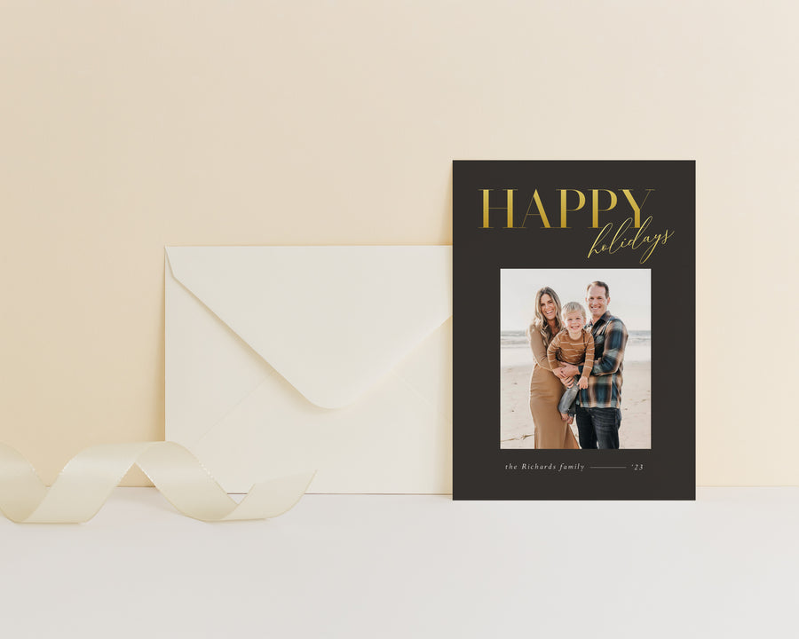 Golden Happy Holiday Card Template, 5x7 Happy Holiday Photo Card, Christmas Card Template, Photoshop Canva Template, Christmas photo card - CD492