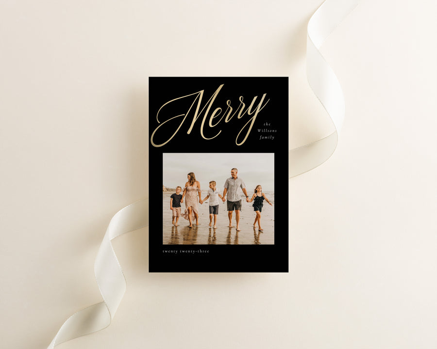 Golden Merry Christmas Card Template, Minimalist Holiday Card Template, Canva Template, 5x7 Postcard Template,Printable Photoshop Photo Card - CD477