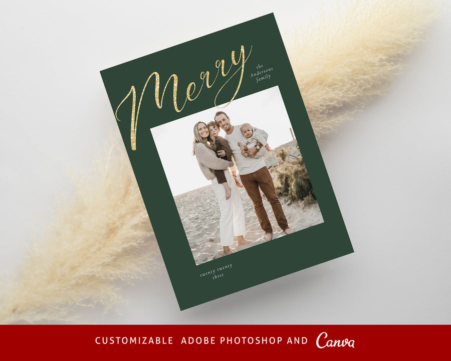 Gold Foil Holiday Card Template, Modern Christmas Card Template, Editable Canva Template, 5x7 Christmas Card, Printable Photoshop Photo Card - CD466