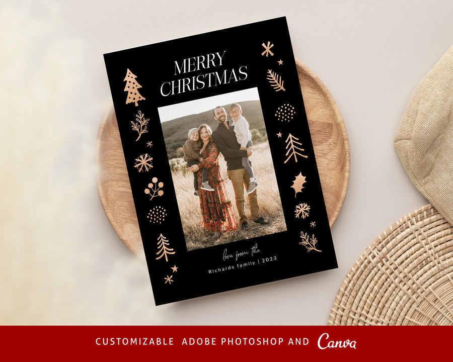 Merry Christmas Card Template, Printable Christmas Photo Card, Gold Merry Christmas Canva Template, Family Postcard, Photoshop Holiday Card - CD469