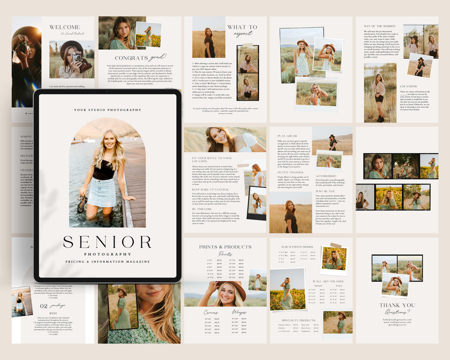 CANVA Senior Photography style Guide magazine Template, Graduation Photography Welcome Guide Template, Photoshop price list CANVA template MG052
