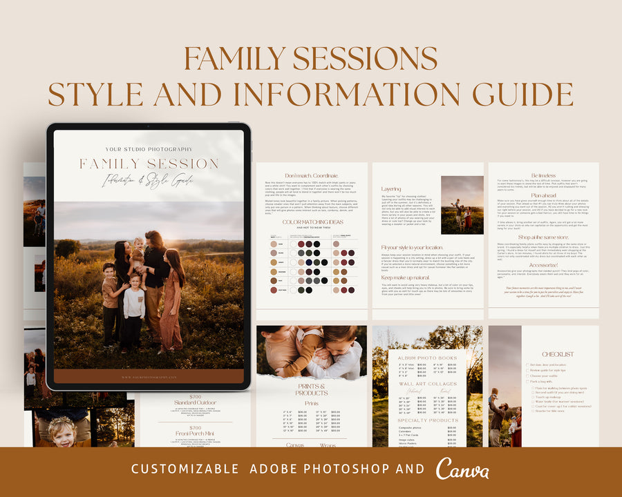 Editable CANVA Photoshop Family style Guide Template Magazine, Family Photography Session Checklist, Welcome Guide, price list, What to Wear - MG054