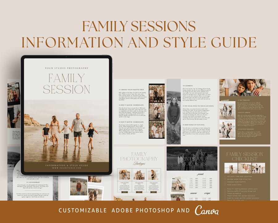 CANVA Family Photography style Guide magazine Template, Pre-written Family Session Welcome Guide Template, Photoshop price list CANVA template - MG071