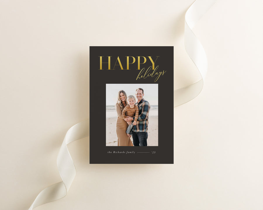 Golden Happy Holiday Card Template, 5x7 Happy Holiday Photo Card, Christmas Card Template, Photoshop Canva Template, Christmas photo card - CD492