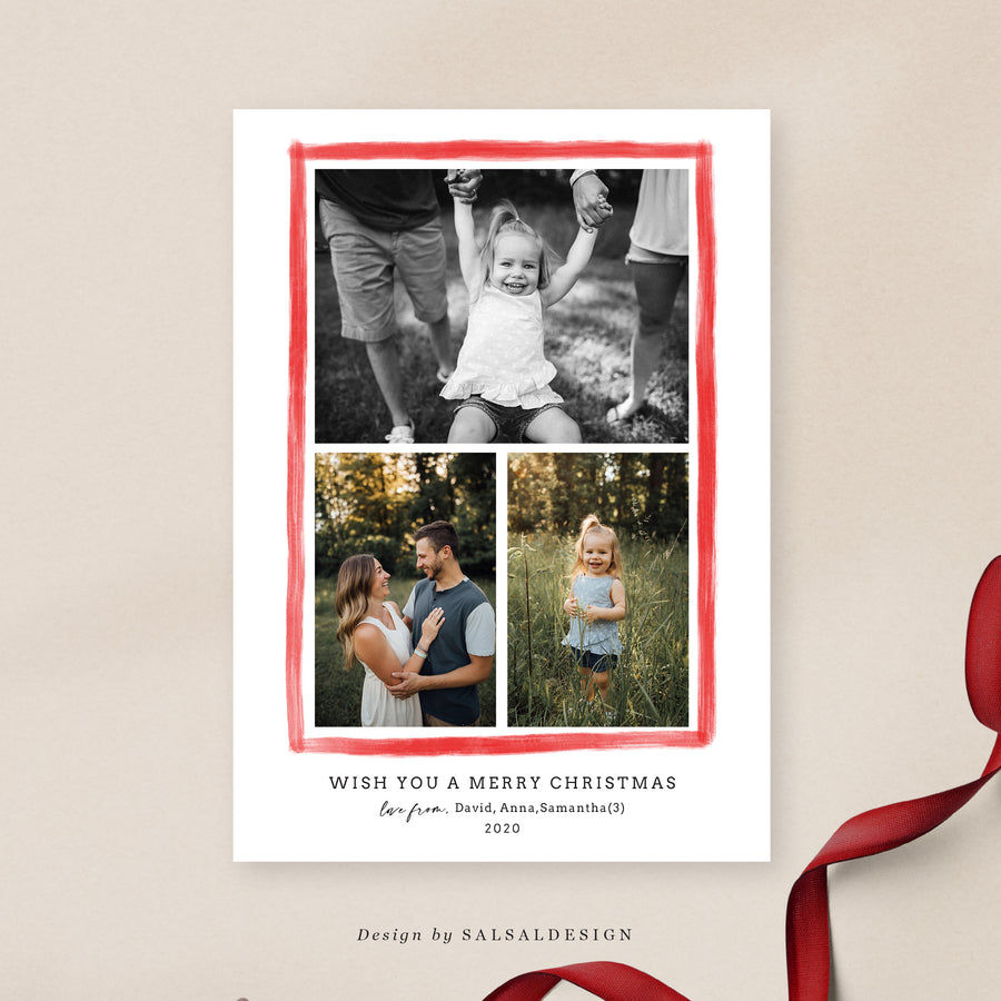 Christmas Card Photoshop Template, Holiday Card Canva Template, Christmas Family Card, Christmas Photo Card - Brush Merry - CD196