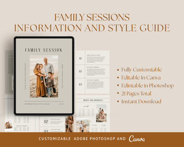 CANVA Family Photography style Guide magazine Template, Pre-written Family Session Welcome Guide Template, Photoshop price list CANVA template - MG070