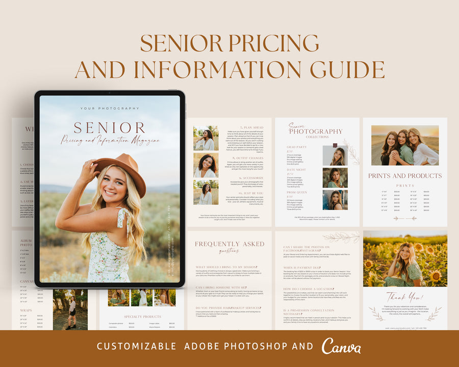 CANVA Senior Photography style Guide magazine Template, Graduation Photography Welcome Guide Template, Photoshop price list CANVA template - MG056