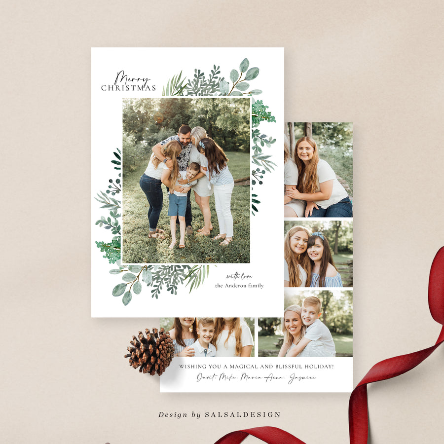 Christmas Card Photoshop Template, Holiday Card Canva Template, Christmas Family Card, Christmas Photo Card - Extra floral - CD260