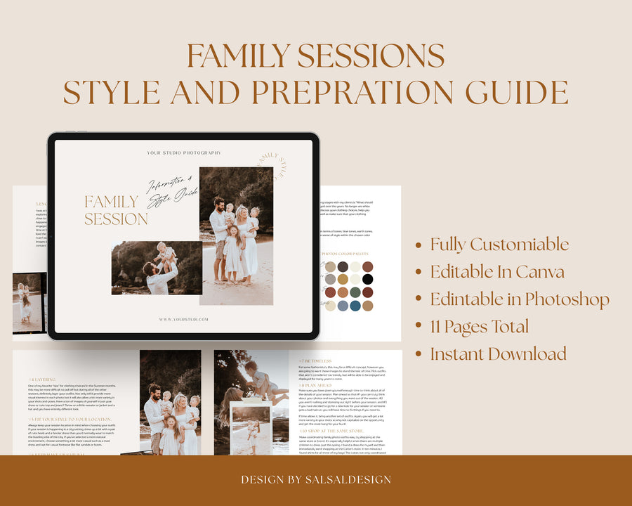 CANVA Family Photography style Guide magazine Template, Pre-written Family Session Welcome Guide Template, Photoshop price list CANVA template - MG045