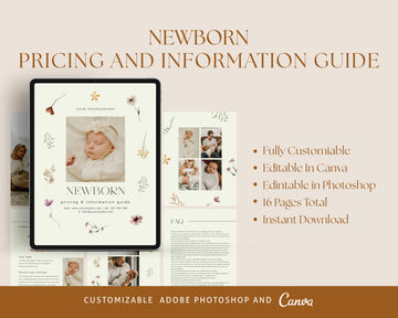 CANVA Newborn Photography style Guide magazine Template, Pre-written Newborn Welcome Guide Template, PSD Photoshop price list CANVA template - MG069