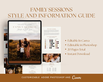 Editable CANVA Photoshop Family style Guide Template Magazine, Family Photography Session Checklist, Welcome Guide, price list, What to Wear - MG054