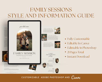 Photographer Welcome Guide Template, Family Session Style guide, Canva Photoshop Magazine Template, Family Marketing Brochure, Client Checklist - MG059
