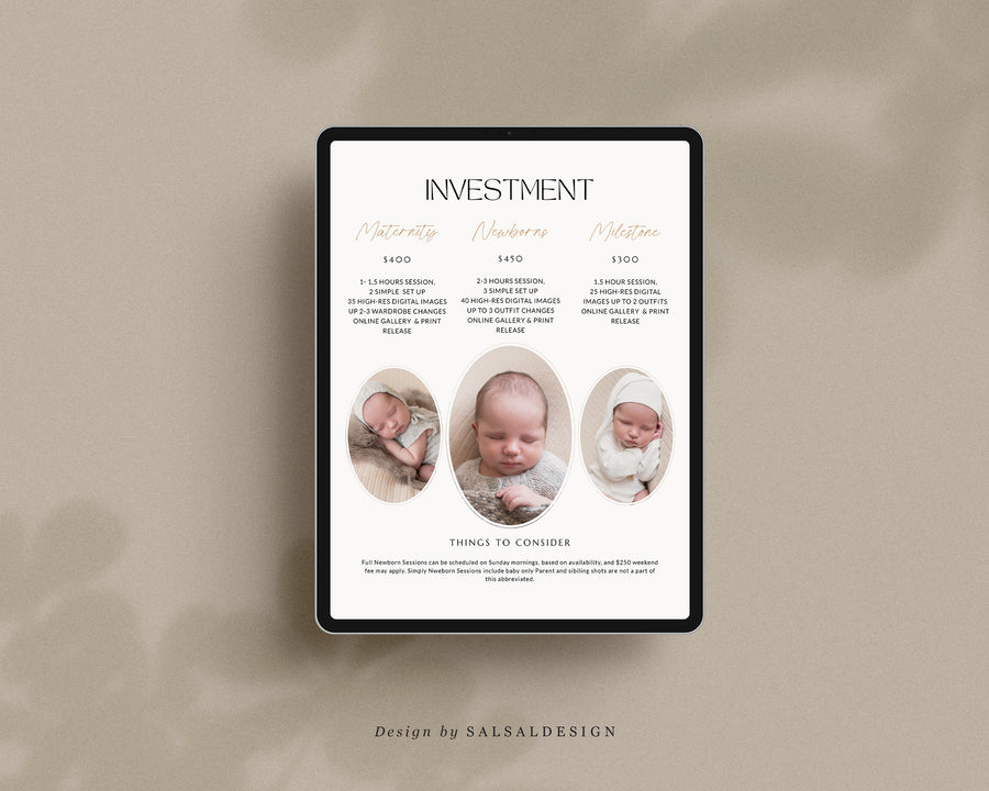 CANVA Newborn Photography style Guide magazine Template, Pre-written Newborn Welcome Guide Template, PSD Photoshop price list CANVA template - MG038