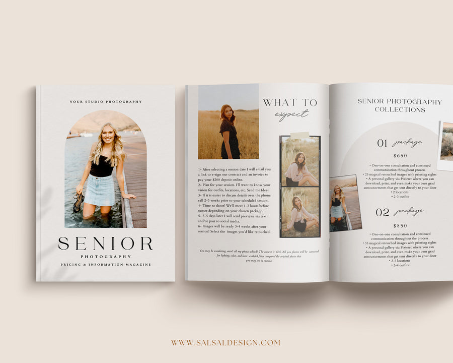 CANVA Senior Photography style Guide magazine Template, Graduation Photography Welcome Guide Template, Photoshop price list CANVA template MG052