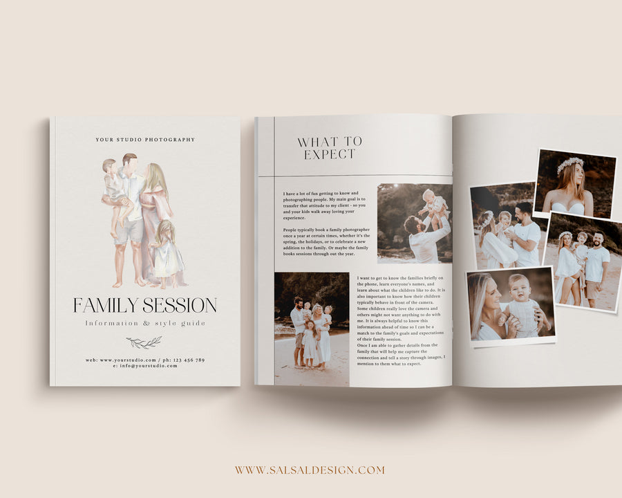 CANVA Family Photography style Guide magazine Template, Pre-written Family Session Welcome Guide Template, Photoshop price list CANVA template - MG051