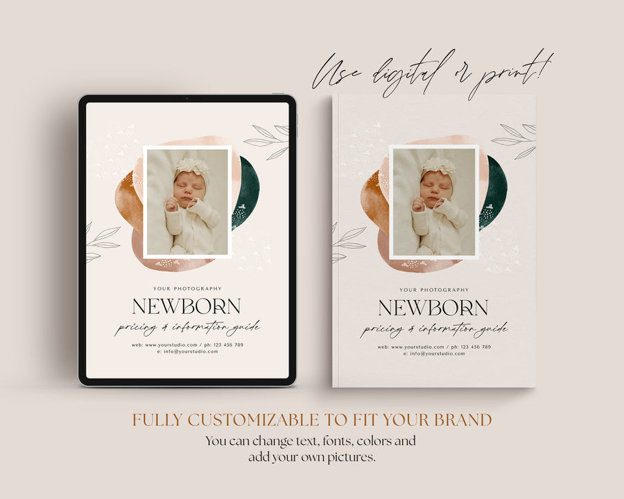 CANVA Newborn Photography style Guide magazine Template, Pre-written Newborn Welcome Guide Template, PSD Photoshop price list CANVA template - MG068