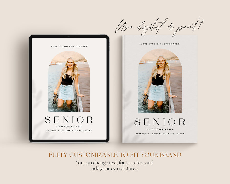 CANVA Senior Photography style Guide magazine Template, Graduation Photography Welcome Guide Template, Photoshop price list CANVA template MG052