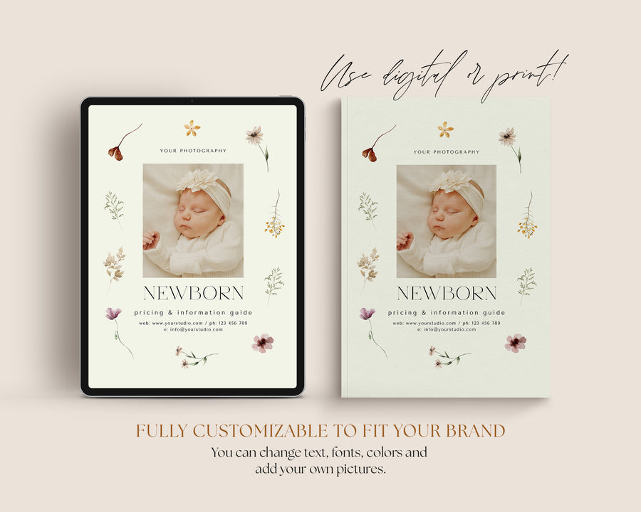 CANVA Newborn Photography style Guide magazine Template, Pre-written Newborn Welcome Guide Template, PSD Photoshop price list CANVA template - MG069