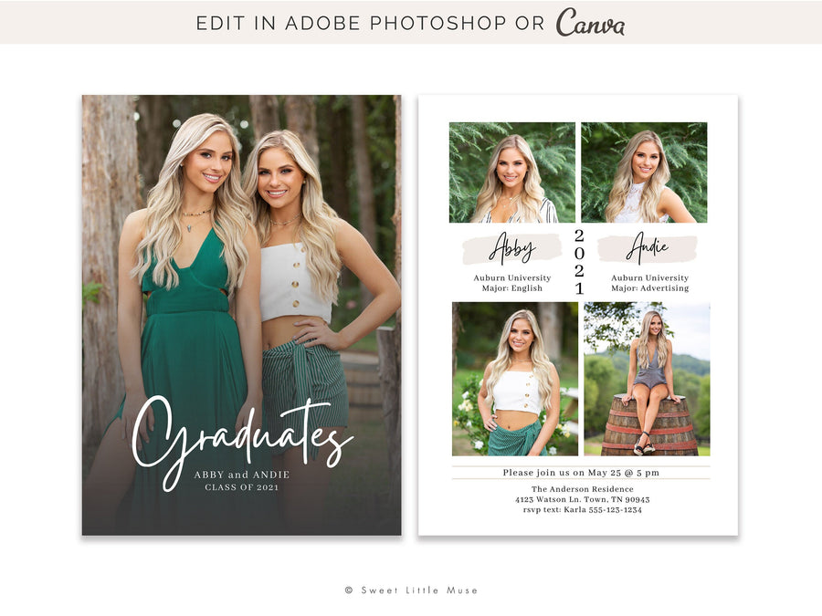 Twins Announcement Graduation Card Template for Photoshop and Canva - SLM65