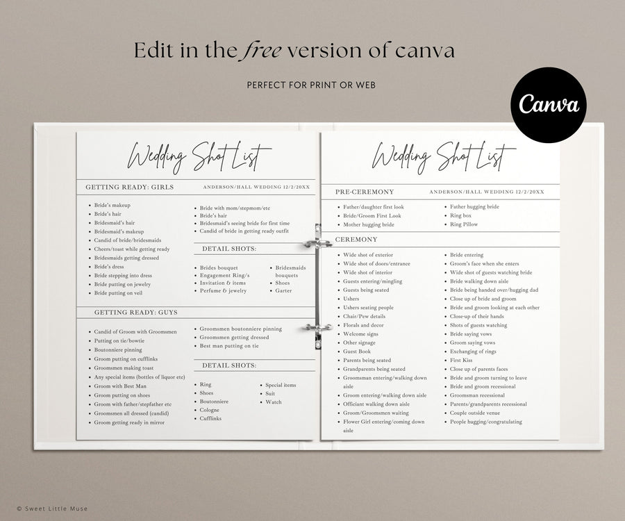 Wedding Photographer Shot List for Canva - SLM78