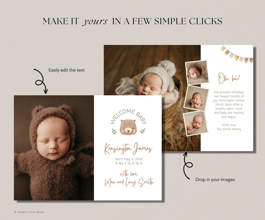 Baby Bear Printable Birth Announcement Template - SLM32