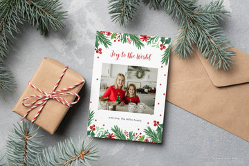 Watercolor Christmas card template Canva, Holly Berry Christmas Photo Card, Holiday photo card template, editable Christmas card download - SLM01