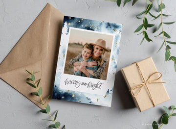 Blue Christmas card template for Canva, Editable Christmas card with pictures, watercolor Christmas cards, instant download Christmas card - SLM02
