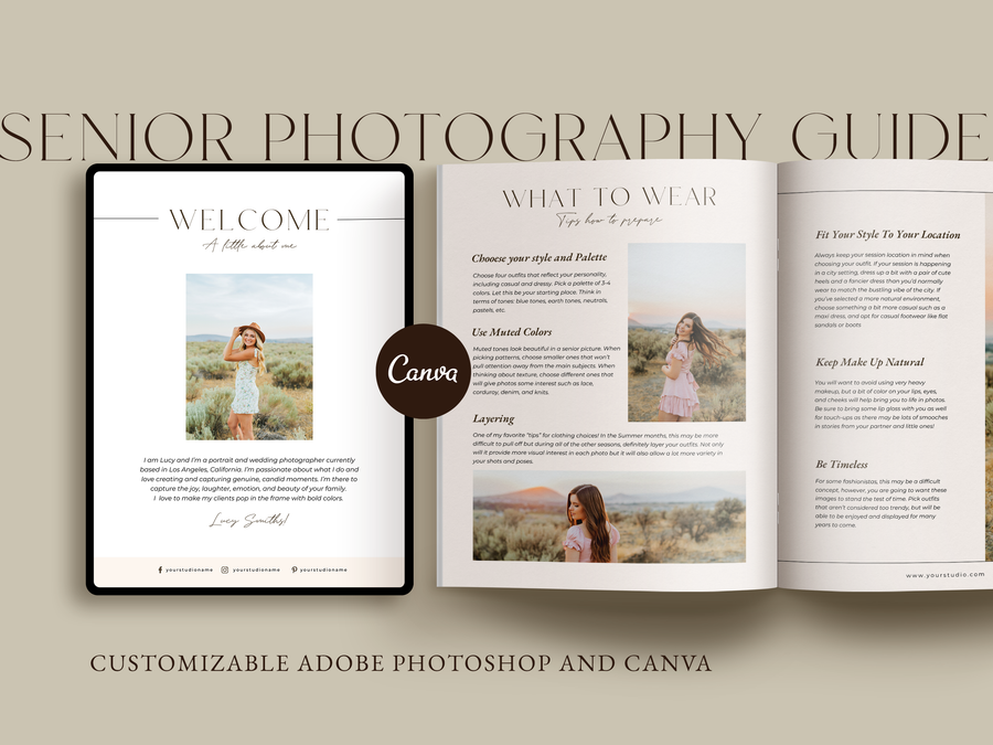 CANVA Senior Photography style Guide magazine Template, Graduation Photography Welcome Guide Template, Photoshop price list CANVA template - MG057