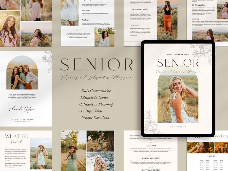 CANVA Senior Photography style Guide magazine Template, Graduation Photography Welcome Guide Template, Photoshop price list CANVA template - MG057