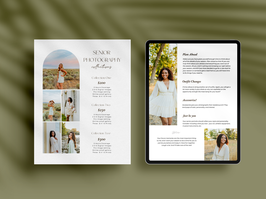 CANVA Senior Photography style Guide magazine Template, Graduation Photography Welcome Guide Template, Photoshop price list CANVA template - MG057