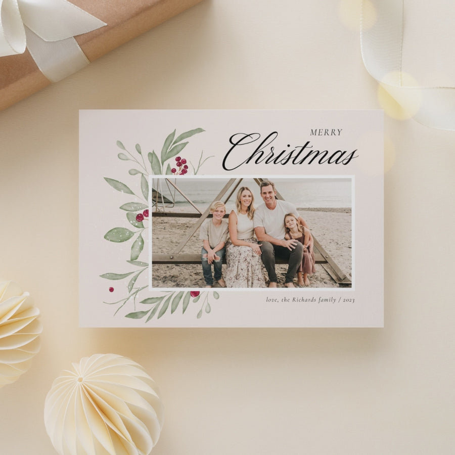 Printable Christmas Photo Card, Holiday Photo Card, Christmas Card Template, Watercolor Holiday Card Template, Photoshop and Canva Template - CD478