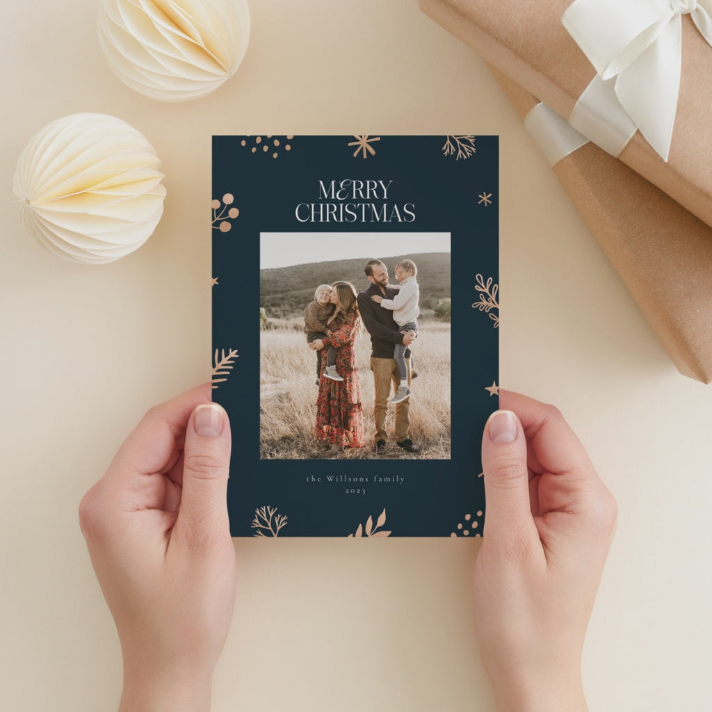 Merry Christmas Photo Card Template, Gold Foil Christmas card Template –  Birdesign