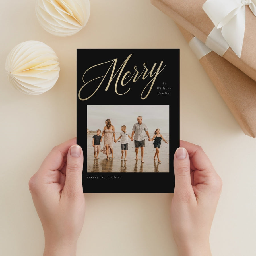 Golden Merry Christmas Card Template, Minimalist Holiday Card Template, Canva Template, 5x7 Postcard Template,Printable Photoshop Photo Card - CD477